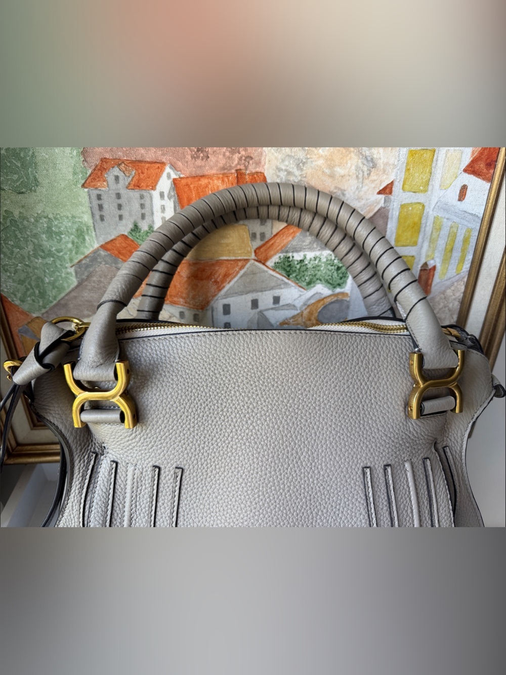 Neutral Taupe Gray Shoulder Bag with Gold Hardware - Picture 6 of 12